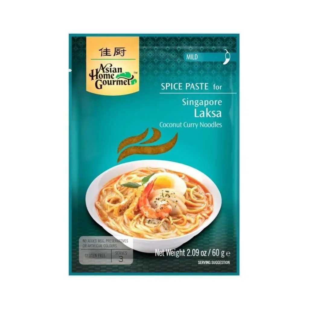 Asian Home Gourmet Singapore Laksa Coconut Curry Noodles - 50g (2.09 oz) Ambient Instant Noodles, Spicy High Sodium Seasoning Mix with Shrimp, Galangal, Shallots, Soybean Oil, Sugar, Salt, Red Chillies, Dried Shrimp, Garlic, Lemongrass, Turmeric.