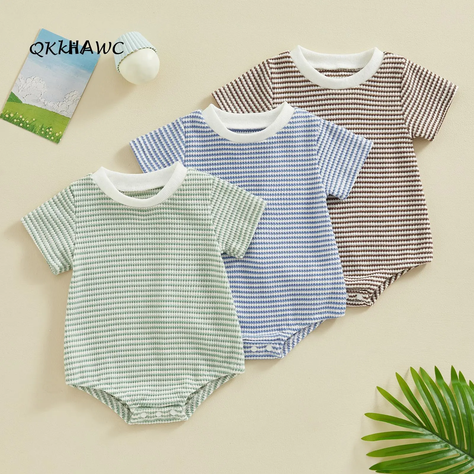 Infant Toddler Striped Waffle Romper - Round Neck, Short Sleeve, Newborn Outfits, Bodysuit Clothes, Toddler Onesies