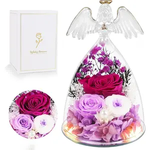 Gifts for Mom Mother's Day-Preserved Roses in Angel Figurine, Forever Fresh Flowers for Her Grandma, Gifts for Valentines Birthday (Purple, Lights)