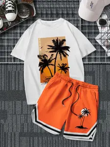 Two-Piece Set Men's Tropical Palm Tree Print Short Sleeve Tee & Shorts, Regular Fit Casual Round Neck T-shirt & Shorts, Men's Summer Clothes