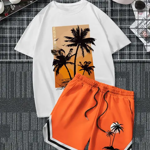 Two-Piece Set Men's Classic Tropical Palm Tree Print Short Sleeve Tee & Shorts, Regular Fit Athletic Casual Sports Clothes Round Neck T-shirt & Shorts, Men's Summer Clothes Outfit, Clothing Sets, Menswear