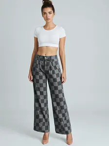 Dark Grey Checkered Denim baggy Wide leg denim pant Leg Jeans, High Waist Casual Denim Pants For Women, Trendy Relaxed Fit Stylish For Daily Street Outdoor Holiday Wear SummerVibes