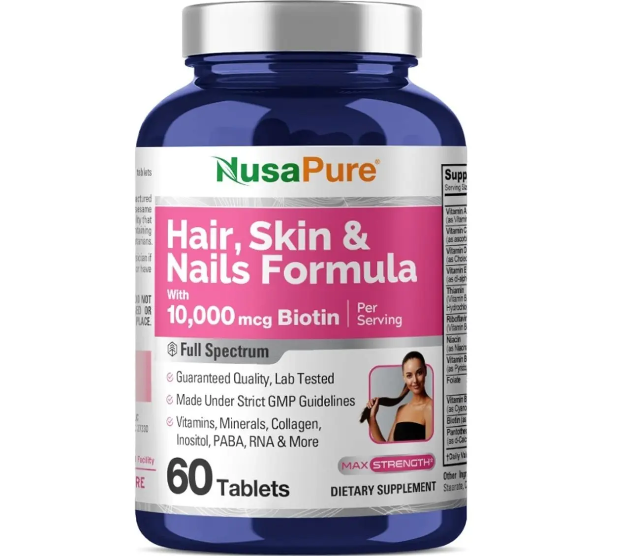 NusaPure Hair, Skin & Nails Formula with 10,000 mcg Biotin Per Serving 60 Tablets Vegetarian/Vegan, Non-GMO