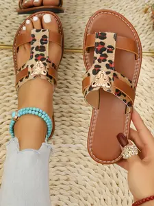 Women's Leopard Print Flat Sandals Summer New Arrival, Beaded Anklet Included, Fashionable Casual Breathable Beach Shoes, Leopard Pattern Slides