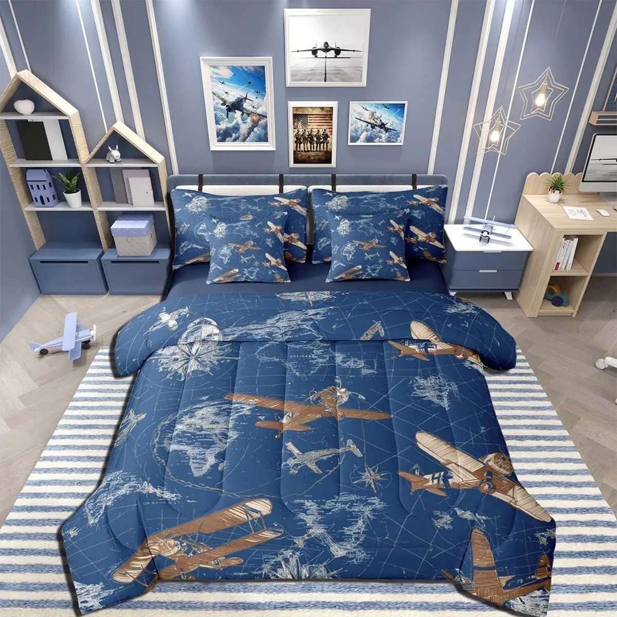 Aircraft Comforter Set 7 Pieces Airplane Print Bedding Set Aircraft Flying Bed in a Bag with Comforter,Sheets,Pillowcases,Cushion Covers Helicopter Flying PlaneBlue Quilted