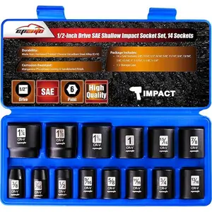 EPAuto 1/2-Inch Drive SAE Shallow Impact Socket Set, CRV, 6-Point 14 Sockets