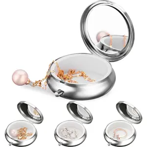 Mini Travel  Box with Built-In Mirror, Ultra-Portable  Holder for Rings, Necklaces, Earrings, Pills,  Bags, Small Accessories, Press-to-Open Multifunctional Storage ()