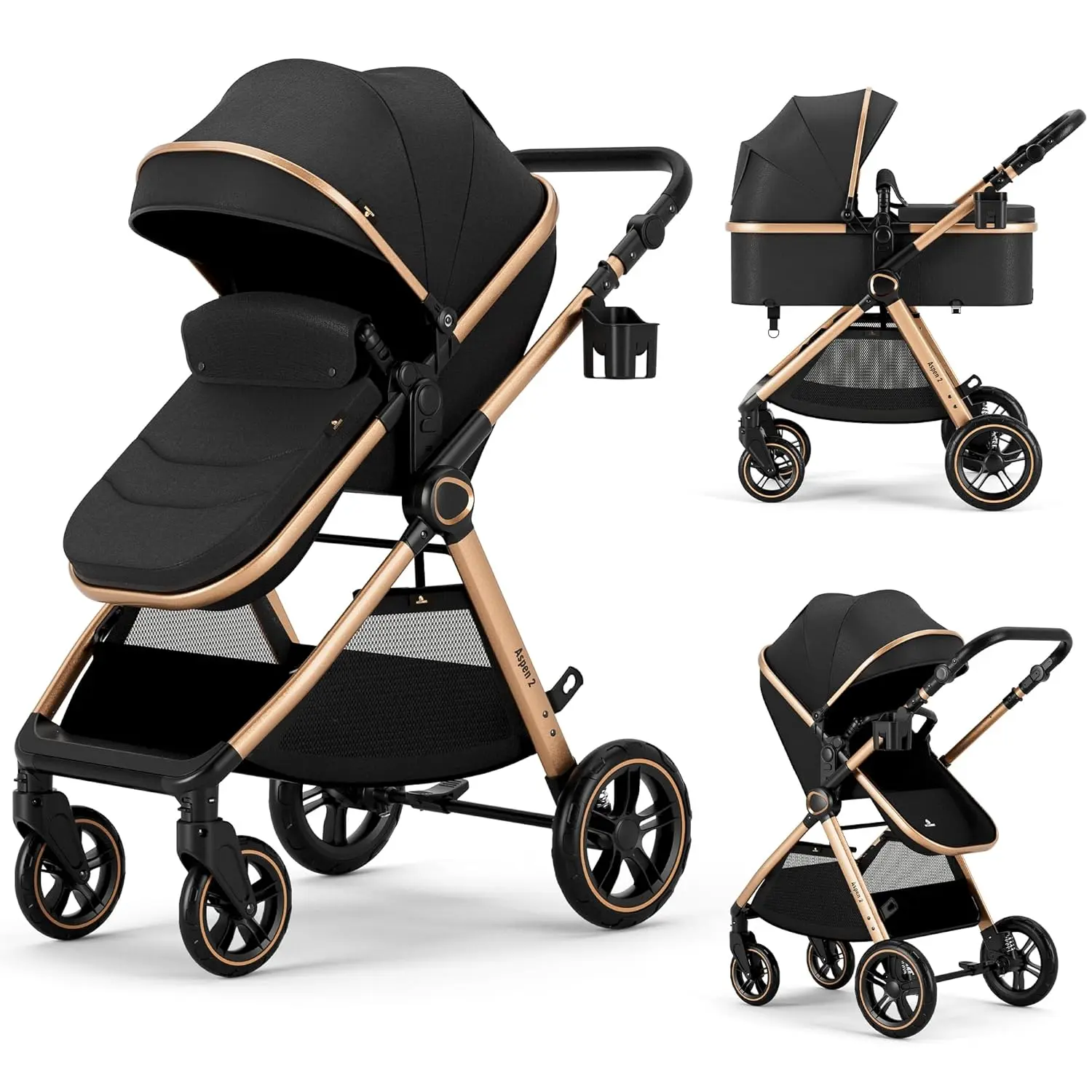ACCMM 6-in-1 Convertible Adjustable Folding Travel Lightweight Stroller - Bassinet, Reversible Seat, All-Terrain Large Wheels, Complete Accessories Set for Newborns 0-36 Months (Black & Gray), Adjustable Stroller