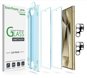 amFilm Auto-Alignment OneTouch for Samsung Galaxy S24 Ultra 6.8'' Screen Protector + Camera Lens Protector, Tempered Glass, 30 seconds Installation, Bubble Free, Case Friendly, Anti-Scratch [2+2 Pack]