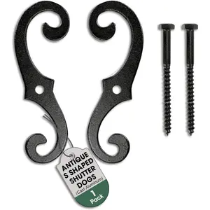 Black 6.5 in. Antique Decorative S Style Shutter Dog Holders, Rust Resistant Powder Coated Solid Aluminium External Shutter Tieback with Mounting Screws, Pack of 1 Pair