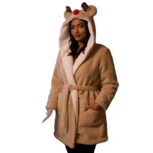 Women Reindeer Sherpa PJ Robe - Taupe combo bathrobe ladies soft warm Christmas holidays Long Sleeve Basic Comfort Women Nightwear Loungewear Gowns Womenswear Comfortable Hoodie Style Minimalist Vneck Baggy Loose Oversize Piece