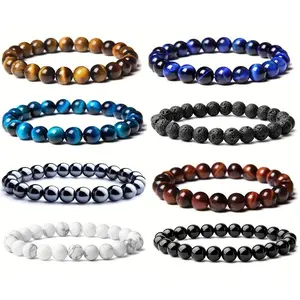 Natural Stone Bracelets 8pcs - Round Beaded Aged Stones, Suitable for Men & Women, Ideal for Holiday Gifts & Versatile Stylish Wear