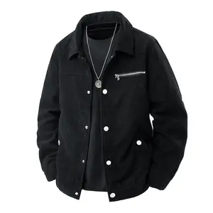 Men's Black Corduroy Shirt Jacket - Silver Button Front & Zippered Pockets