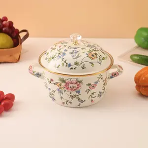 Stockpot with Lid, Flower Pattern Stockpot, 1 Count Rose Pattern Enamel Pot with Double Handle, Multipurpose Non-stick Stew Pot for Gas Stove & Induction Cooker