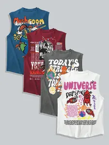 Men's Alien&Cosmic Graphic Printed Knit Sleeveless Workout Tank Top 4-piece Set, Street Graffiti Pattern Tank Top Set, with UFO and Space Text Design, suitable for loose fit in gyms, streetwear, and casual wear, suitable for urban and sci-fi style fans