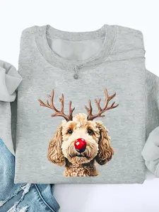 Cute Reindeer Dog Print Round Neck Sweatshirt, Vintage Style, Festive Atmosphere, Casual Fall & Winter Fashion, Trendy Streetwear