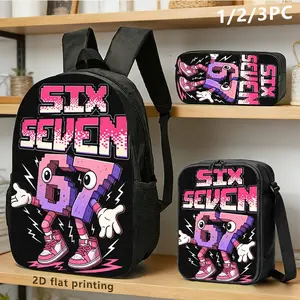 3PCS "Six Seven" Pixel Art Backpack Set for Teens, Water Resistant School Bag + Lunch Box + Pencil Case, Lightweight, Fits 15-inch Laptop, Breathable Straps, Cute Pink & Black Cartoon Vibe