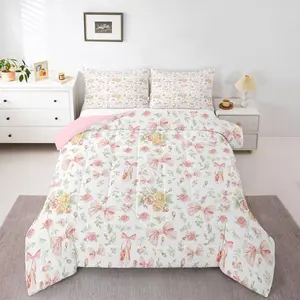 Cute Bow Bedding Set Soft for Boys Girls,Pink Flowers Comforter Set Ballet Duvet Quilt Microfiber Garden Flower Bedroom Decor