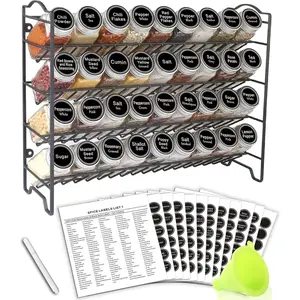 Spice Rack Organizer with 36 Empty Square Spice Jars, 396 Spice Labels with Chalk Marker and Funnel Complete Set, for Countertop, Cabinet or Wall Mount, Black