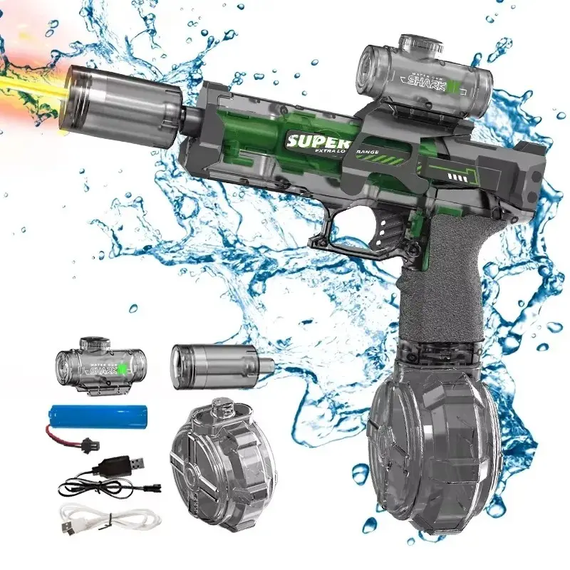 LED Automatic Water Gun for Kids - Built-in Rechargeable Lithium Battery, LED Lights, Green Option - Outdoor Summer Pool Water Play Toy, Holiday Gift, Toys