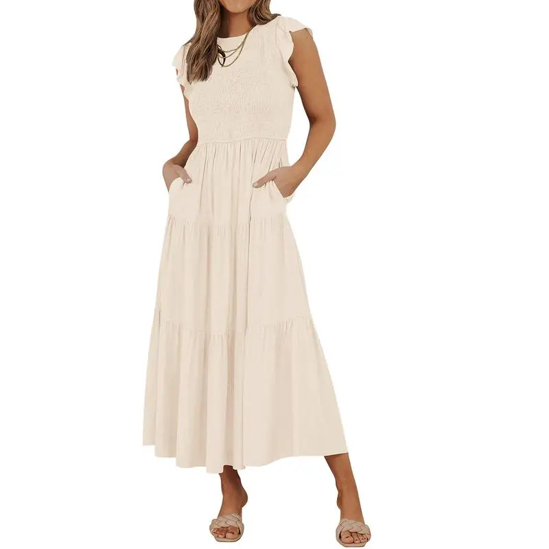 ZESICA Stylish Elegant Women’s Ready-to-Wear White Flutter Sleeve Midi Dress - Smocked, Tiered, Crew Neck, Cottagecore, Beach Outfit for Graduation, Bridal Events, Dresses For Women, Cottagecore Dress