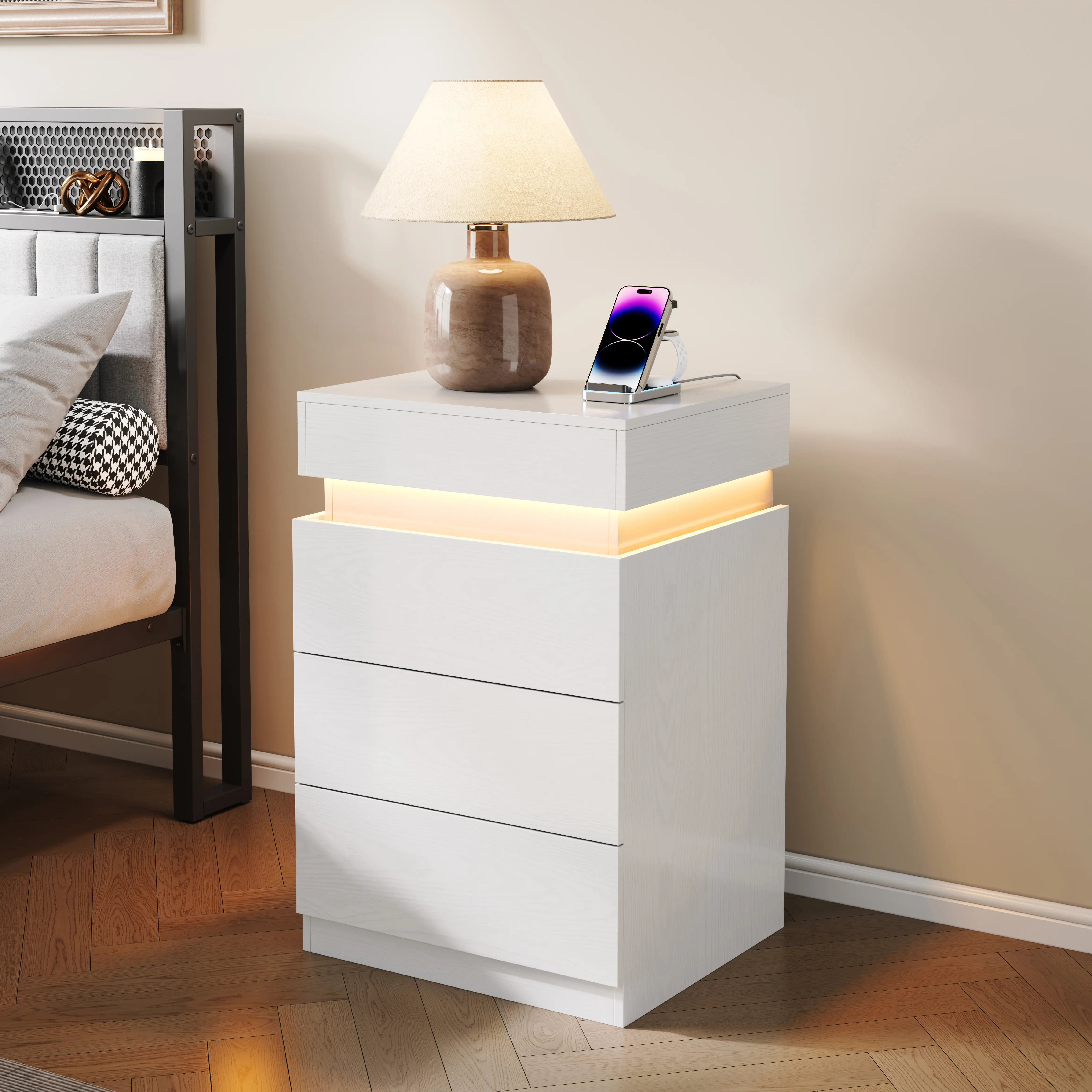 White Nightstand with Charging Station and LED Lights | Modern Night Stand with Sliding Top,Small Bedside Table with 3 Wood Drawers Storage,Bedside Table with Drawers,End Side Table for Bedroom