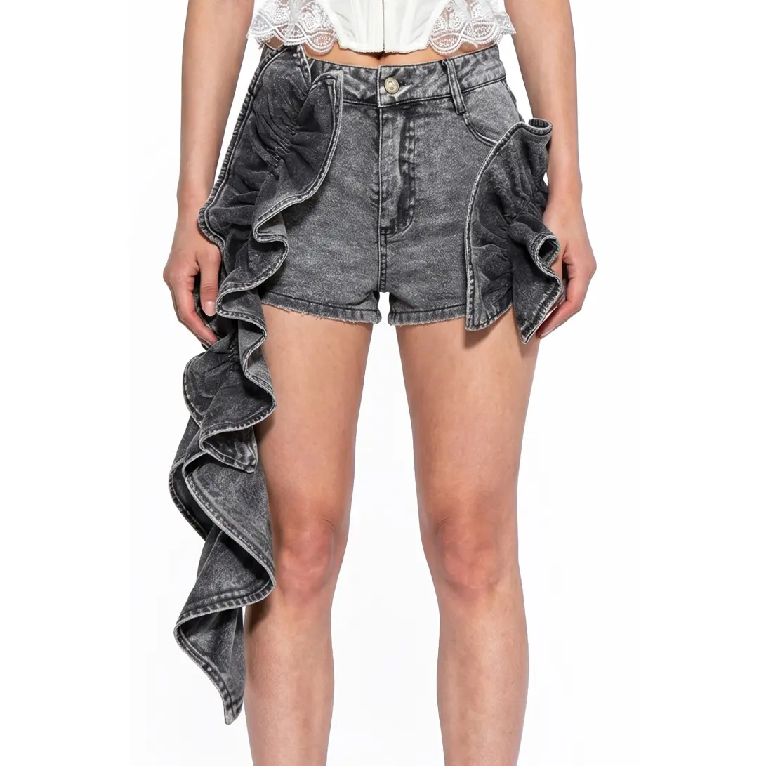 Ruffle Train Denim Mini Shorts