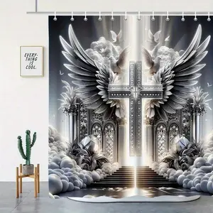 Polyester Shower Curtain Set, Waterproof Religious Cross Angel Wing Pattern 2D Flat Printing, 12 Hooks Included, Multifunctional Bathroom Partition Curtain, Ideal Gift for Family, Shower Curtains