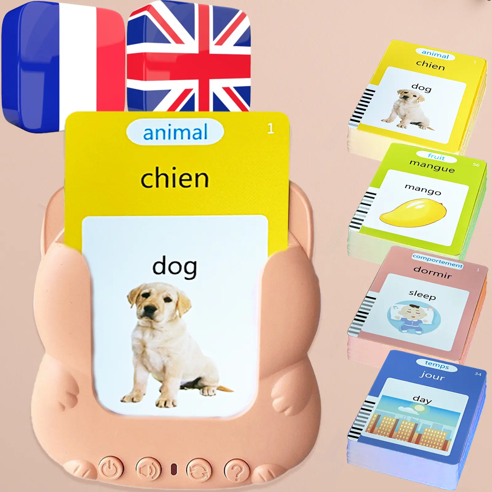 English French Talking Flash Cards Bilingual for Kids - 510 Sight Words in 31 Categories, Test Game Mode, Pocket Speech for Toddlers Adults, Audible Gifts for Boys Girls, Sensory Toys for Autistic Children, Learning Tool, Travel Essentials, Orange