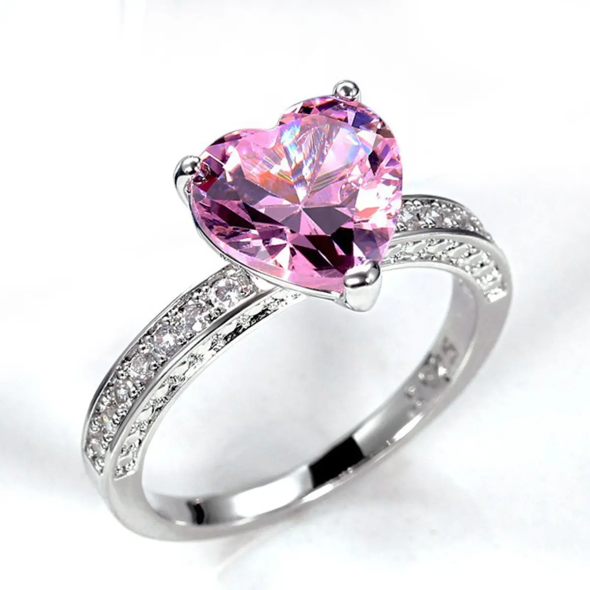 Heart shaped pink cubic zirconia ring for women, plated twisted pattern with small diamond inlay, elegant love promise, engagement and wedding ring, romantic jewelry gift suitable for Valentine's Day, birthday parties, daily wear