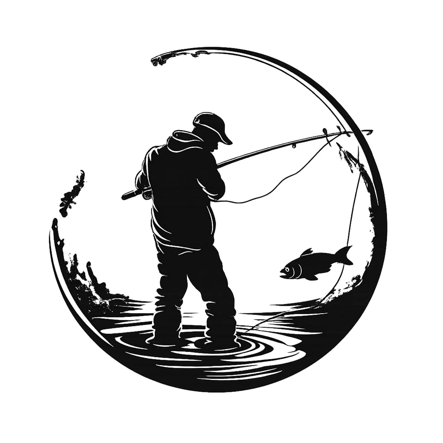 Minimalist Fishing Silhouette Sticker, Lone Angler and Fish Circular Artwork for Laptop, Water Bottle, Car, Helmet or Notebook, Gift for Fishing Lovers