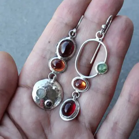 Women's Vintage Geometric Asymmetrical Pierced, Handmade Colorful Gemstone Dangle Earrings, Unique Creative Trendy Fashionable Accessories Jewelry Gift for Women, Unique Design Earrings