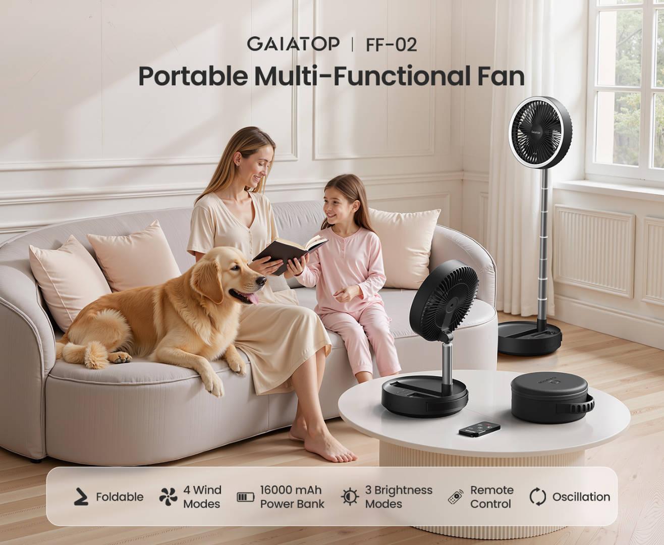 Gaiatop Portable Pedestal Fan 16000mAh Battery [Max 74h Runtime], Foldable Oscillating Standing Fan, Collapsible Desk Fans, LED Light, Case & Remote Control, 4 Speeds for Outdoor Travel Camping Office