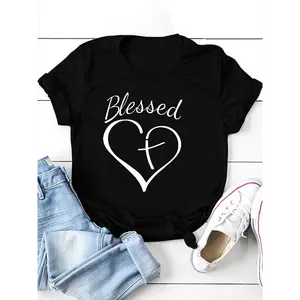 [100% Cotton] Blessed Heart & Cross Print T-Shirt, Crew Neck Short Sleeve T-Shirt For Valentine'S Day Gifts, Women'S Clothing Golf Gift T-Shirt For Men And Women