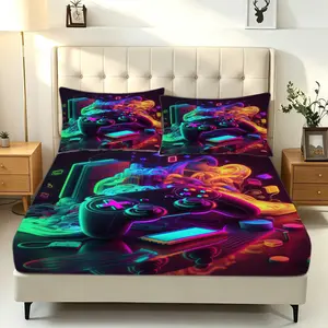 3pcs Neon Gaming Controller Print Duvet Fitted Sheet, Esports‑Themed Bed Sheet Set, Unique Cyberpunk‑Style Bedding Set, Tech Bedding Set. Features Deep Pockets for a Secure, Non‑Slip Fit, Combining Everyday Sleep Comfort With Stylish Home Decor