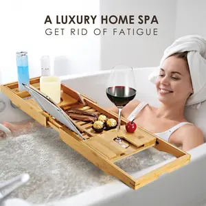 Luxury Bamboo Bathtub Caddy Tray, Extendable Bath Table with Wine Glass & Tablet Holder