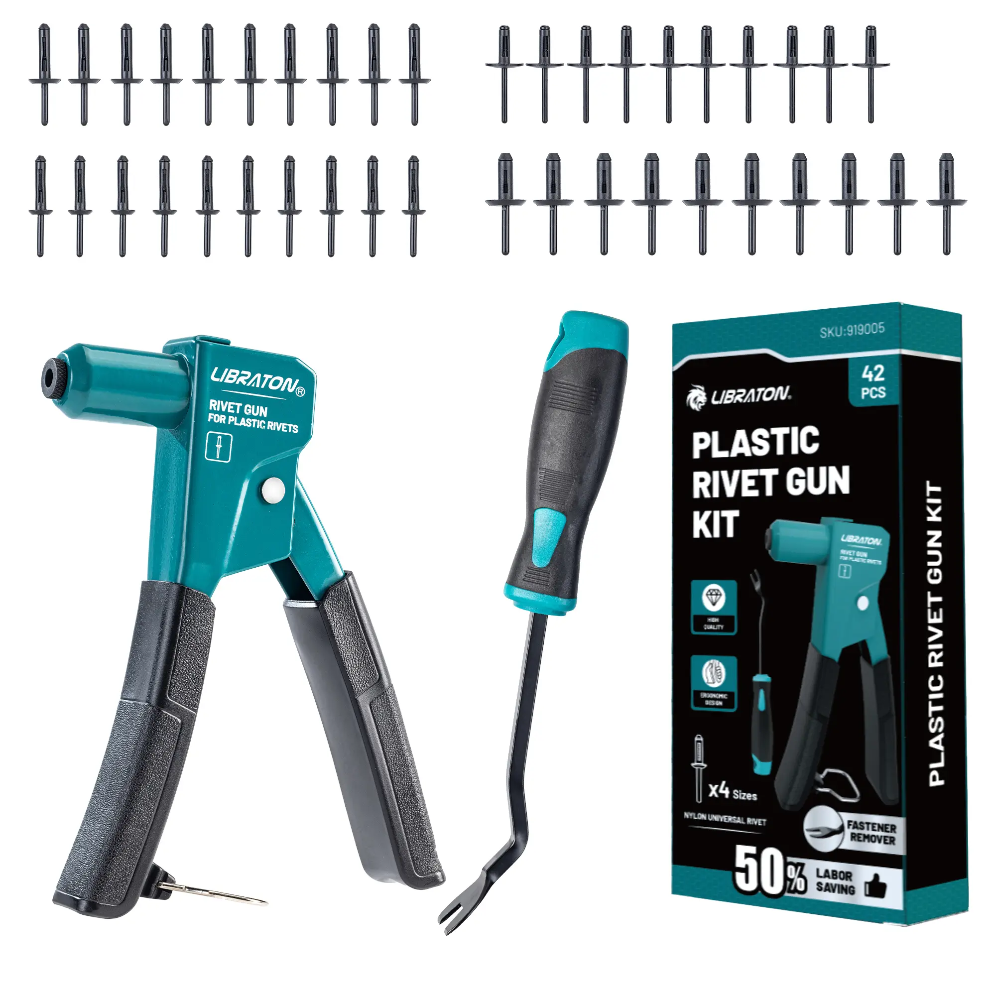 LIBRATON Plastic Rivet Gun Kit with Fastener Remover, 90 Degree Angle Hand Riveter with 40Pcs Nylon Rivets (4 Sizes) & Pry Tool, Universal Nosepiece for Automotive, Ergonomic & 50% Lighter Force