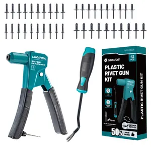LIBRATON Plastic Rivet Gun Kit with Fastener Remover, 90 Degree Angle Hand Riveter with 40Pcs Nylon Rivets (4 Sizes) & Pry Tool, Universal Nosepiece for Automotive, Ergonomic & 50% Lighter Force