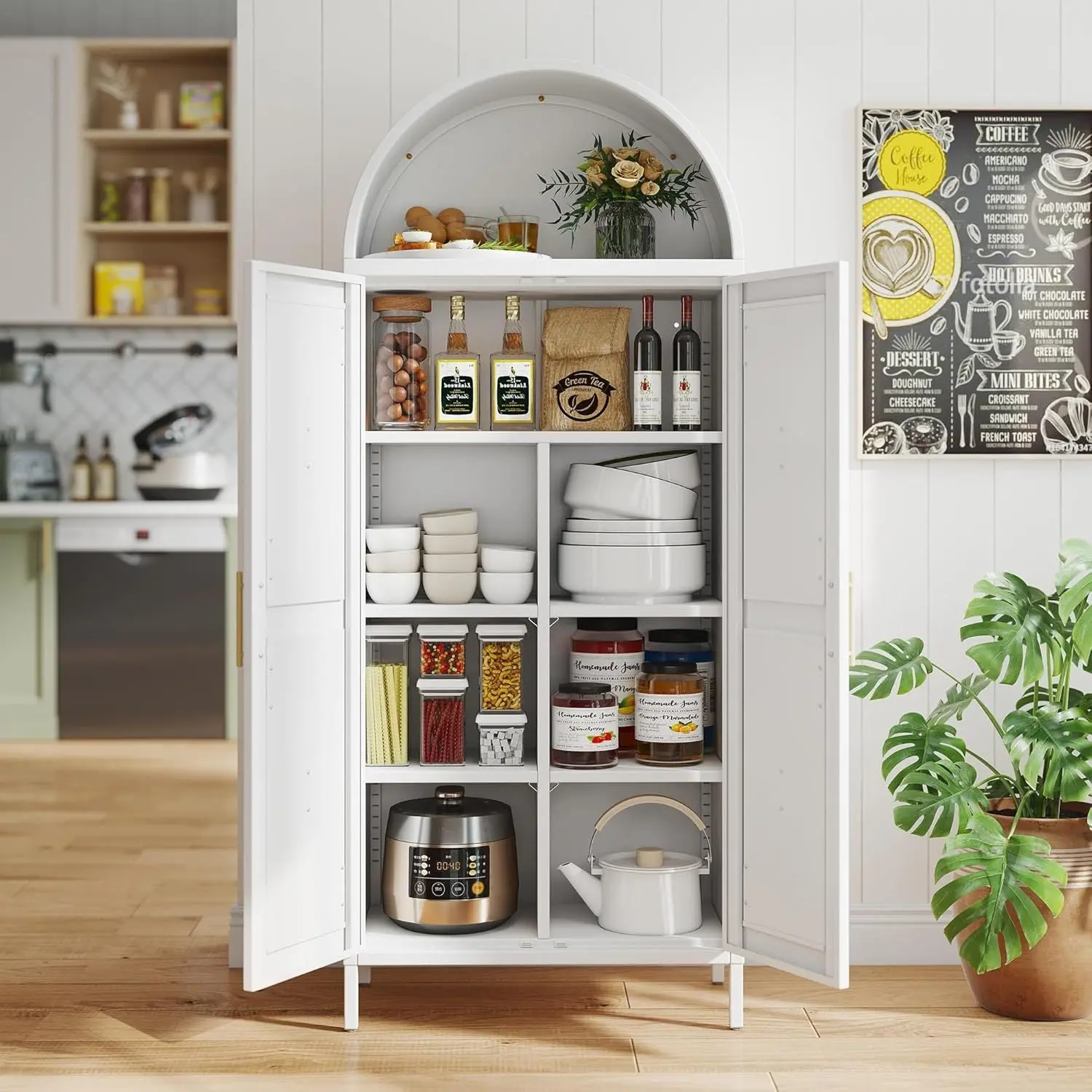 Modern White Tall Sturdy Freestanding Steel Frame Kitchen Pantry Cabinet - Arched Shape Storage Cupboard with 2 Doors, Adjustable Shelves, Assembly-Required Versatile Cupboard for Craft Room, Home Office