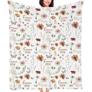 Nazenti Personalized Wildflower Baby Blanket, Baby Girl Gift Unique, Custom Baby Girl Floral Blanket With Name Boho Flower, Personalized Baby Gifts For Girl, Boy, Newborn And Kids Baby Shower Birthday