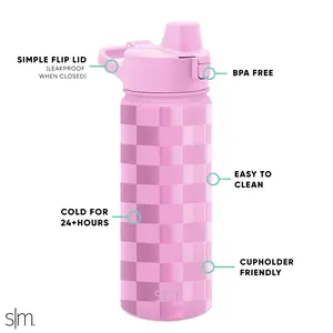 18 fl oz Insulated Stainless Steel Summit Water Bottle with Silicone Straw Lid|Pink Checkmate