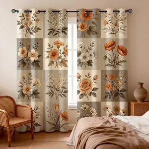 2PCS Vintage Floral Checkerboard Blackout Curtains, Soft Fiber Fabric, 85% Light Blocking, Gentle Washable, All Season, Ideal for Bedroom Dorm Decor, Gift Idea