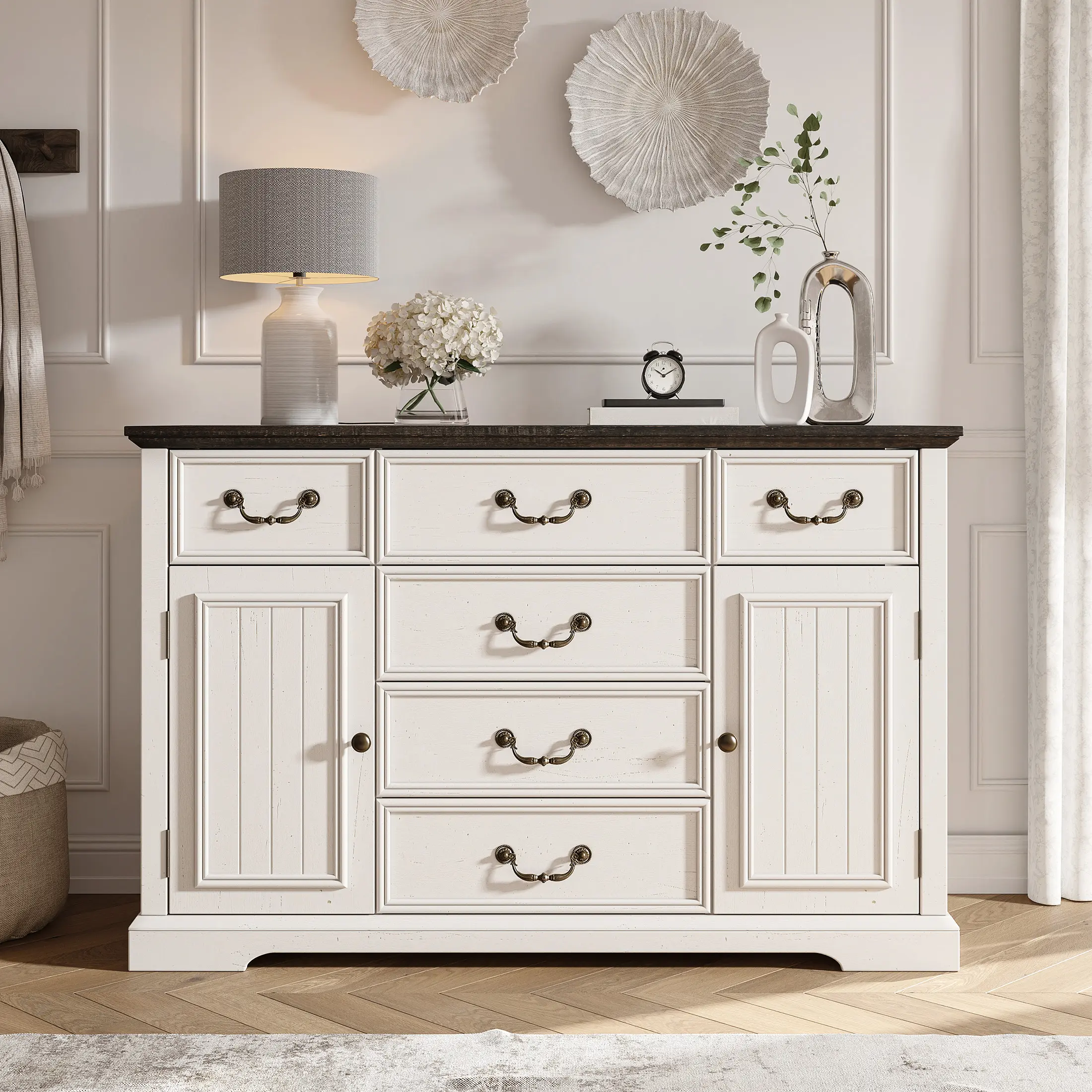 Raybee Luxury Farmhouse Wood Dresser for Bedroom with 6 Drawers & 2 Doors, Premium Dark Rustic Oak Storage Cabinet, Elegant TV Stand & Chest of Drawers for Living Room, Entryway & Home Décor, Spacious Solid-Style Furniture with Timeless Design
