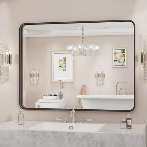 Sweetcrispy Farmhouse Rounded Rectangle Bathroom Mirror - Aluminum Alloy Frame Stays Sturdy, Anti-Rust HD Float Glass, Matte Brushed Look, True View, Drop-Tested Pack, Hangs Flat or Upright, Great Over-Sink Bathroom Use