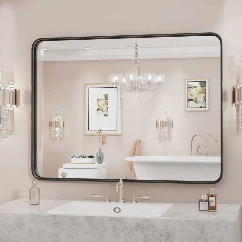 Sweetcrispy Farmhouse Rounded Rectangle Bathroom Mirror - Aluminum Alloy Frame Stays Sturdy, Anti-Rust HD Float Glass, Matte Brushed Look, True View, Drop-Tested Pack, Hangs Flat or Upright, Great Over-Sink Bathroom Use