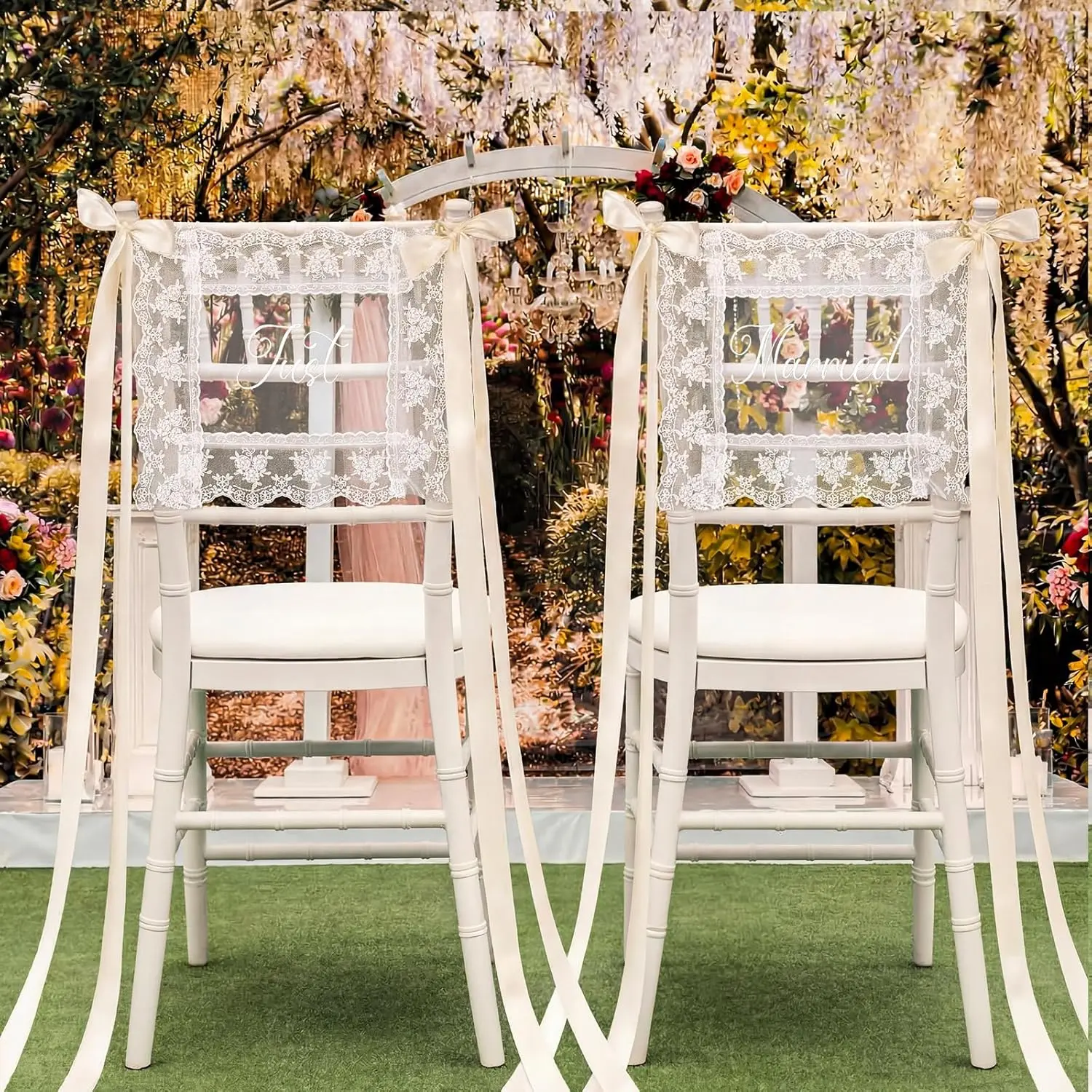 2 Pcs Lace Mr & Mrs/ just married Wedding Chair Signs Sweetheart Table Chairs Back Banners Covers Decorations with Ribbon for Bride and Groom, Mr & Mrs Ceremony Reception Lightweight Floral