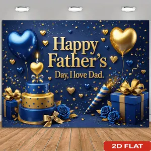 2D Flat Father'S Day Blue And Golden Cake, Firecracker, And Garland Backdrop - Dark Blue Background with Golden 3D Font, Three-Tier Cake, Heart-Shaped Candles, And Firecracker Garland. Mad