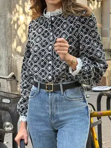 Elegant Women's Shirt with Floral Embroidery, Round Neck Long Sleeve Button-Up Blouse, Fashionable Office Wear for All Seasons