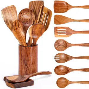 9 Piece Natural Teak Wooden Kitchen Utensil Set with Comfort Grip Spoons and Utensils Holder