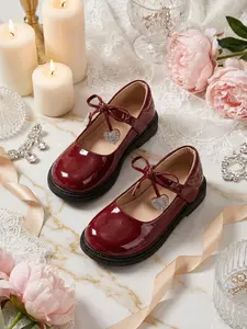 Girls' Heart Rhinestone Mary Jane Flats, Leather Glossy Princess Single Shoe, Soft Non-Slip School Party Shoes for Children
